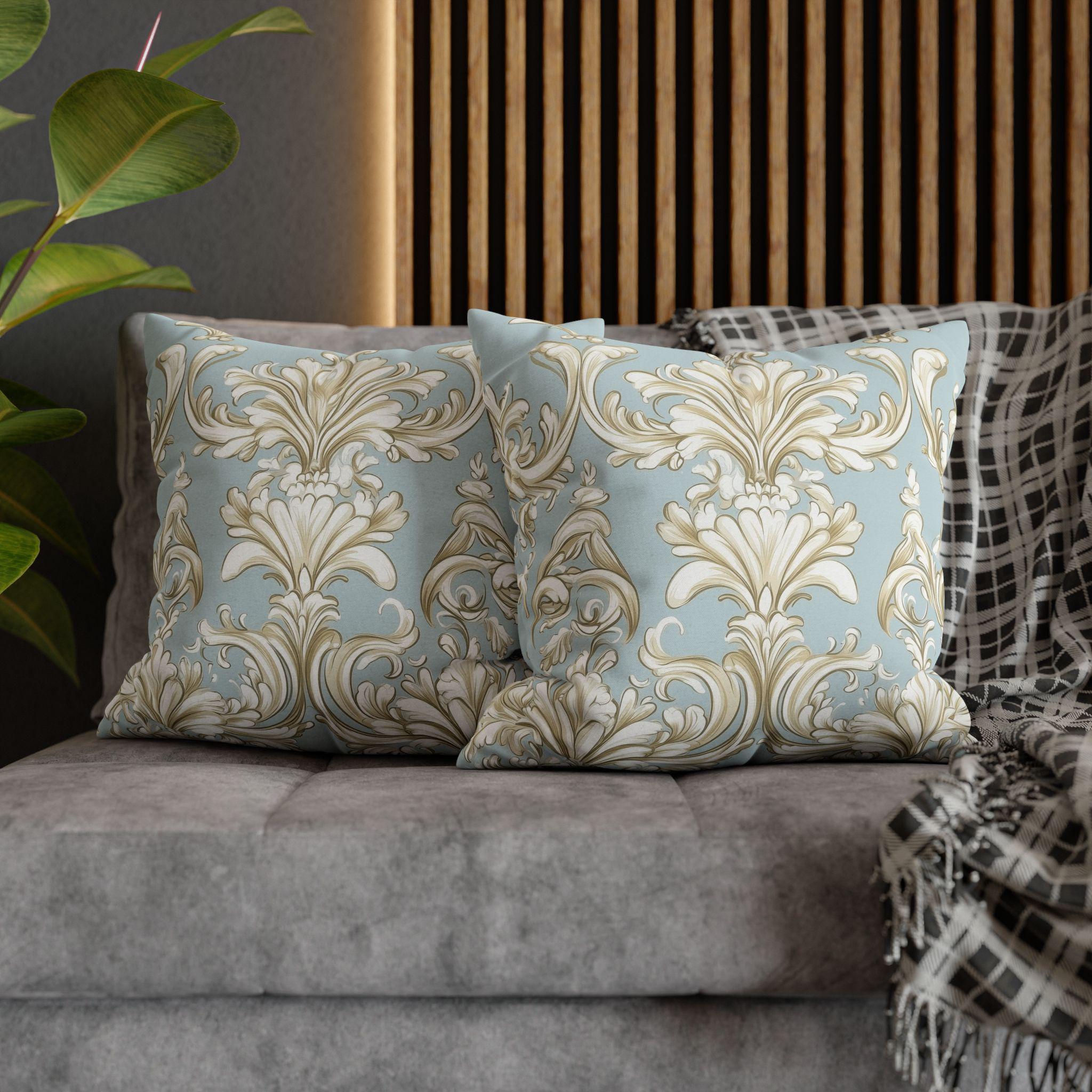 Elegant Baroque Champagne & Powder Blue Pillow Cover: Vintage-Style Bedroom Accent for Luxurious Home Decor
