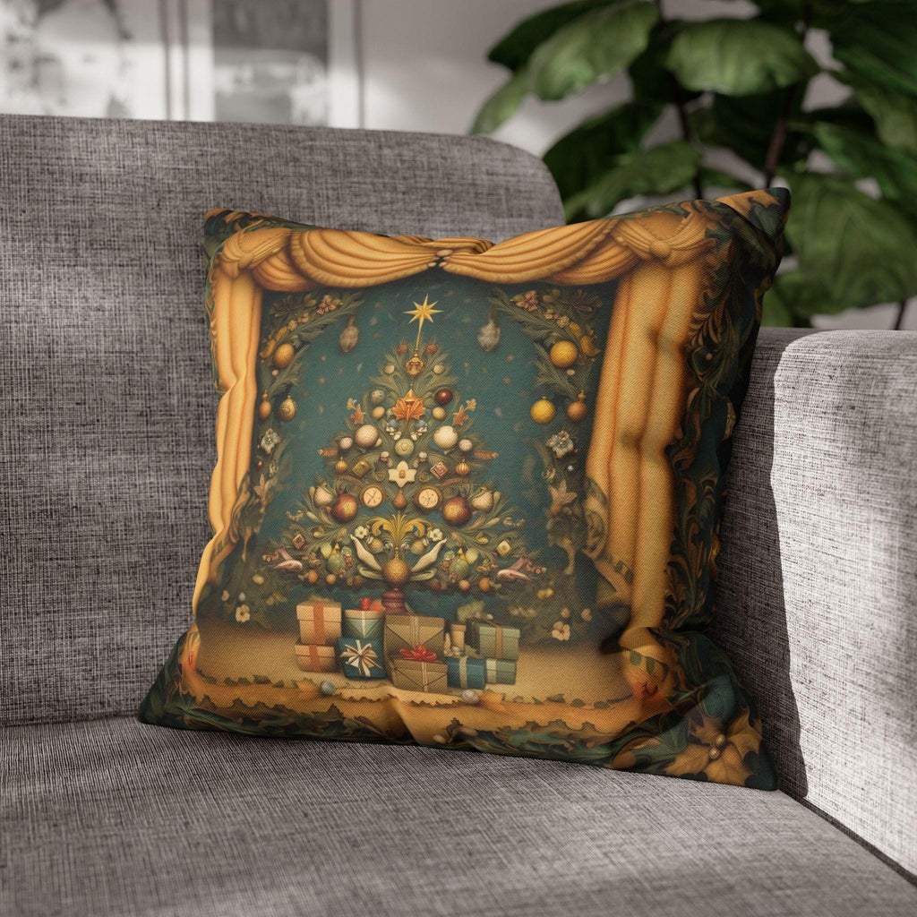 Vintage Art Nouveau Christmas Pillow Cover: Theatrical Tree, Golden Curtains, and Wrapped Gifts