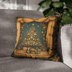 Vintage Art Nouveau Christmas Pillow Cover: Theatrical Tree, Golden Curtains, and Wrapped Gifts