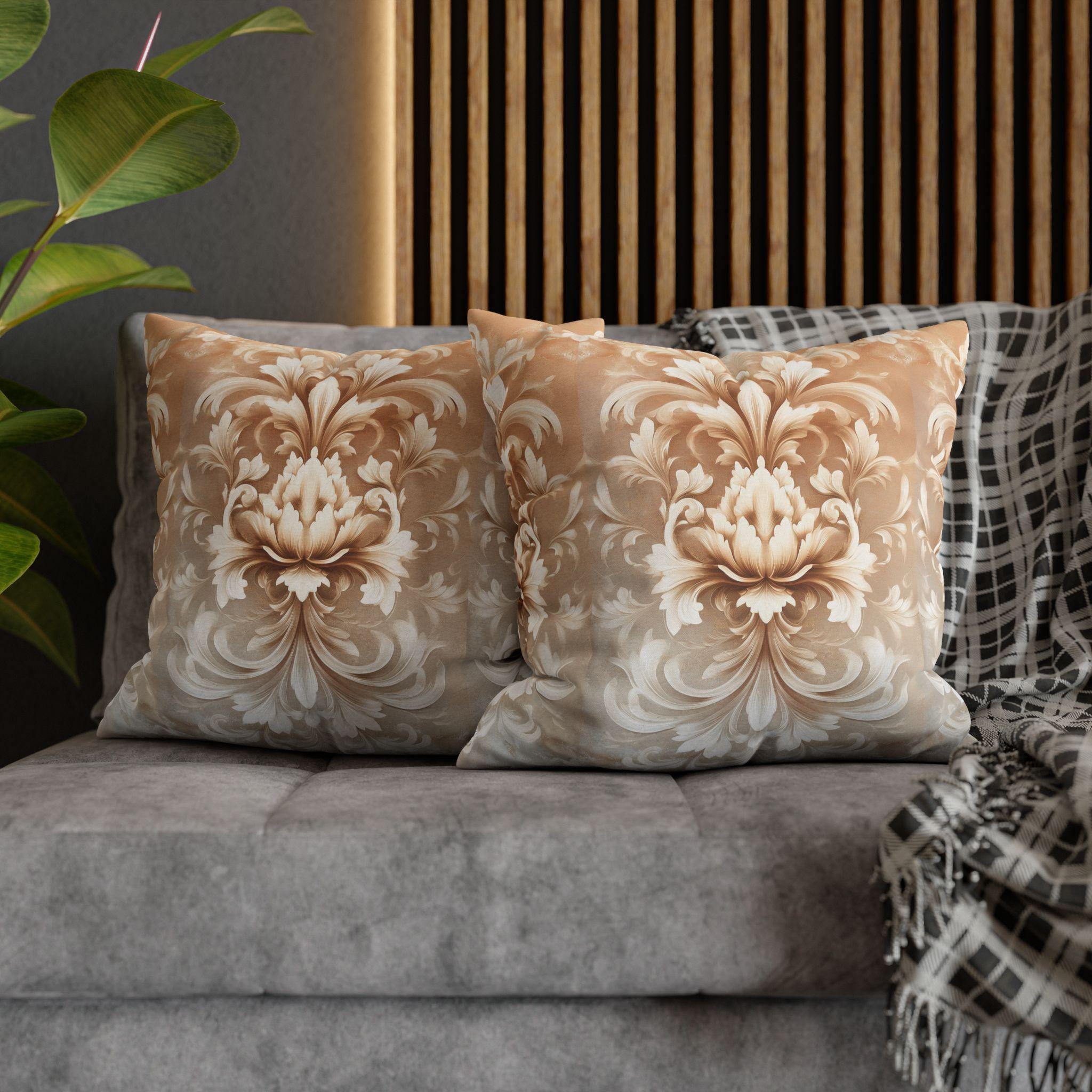 Luxurious Damask Floral Pillowcase: Ivory-Caramel Gradient Scrollwork Design, Elegant Soft Decor Accent