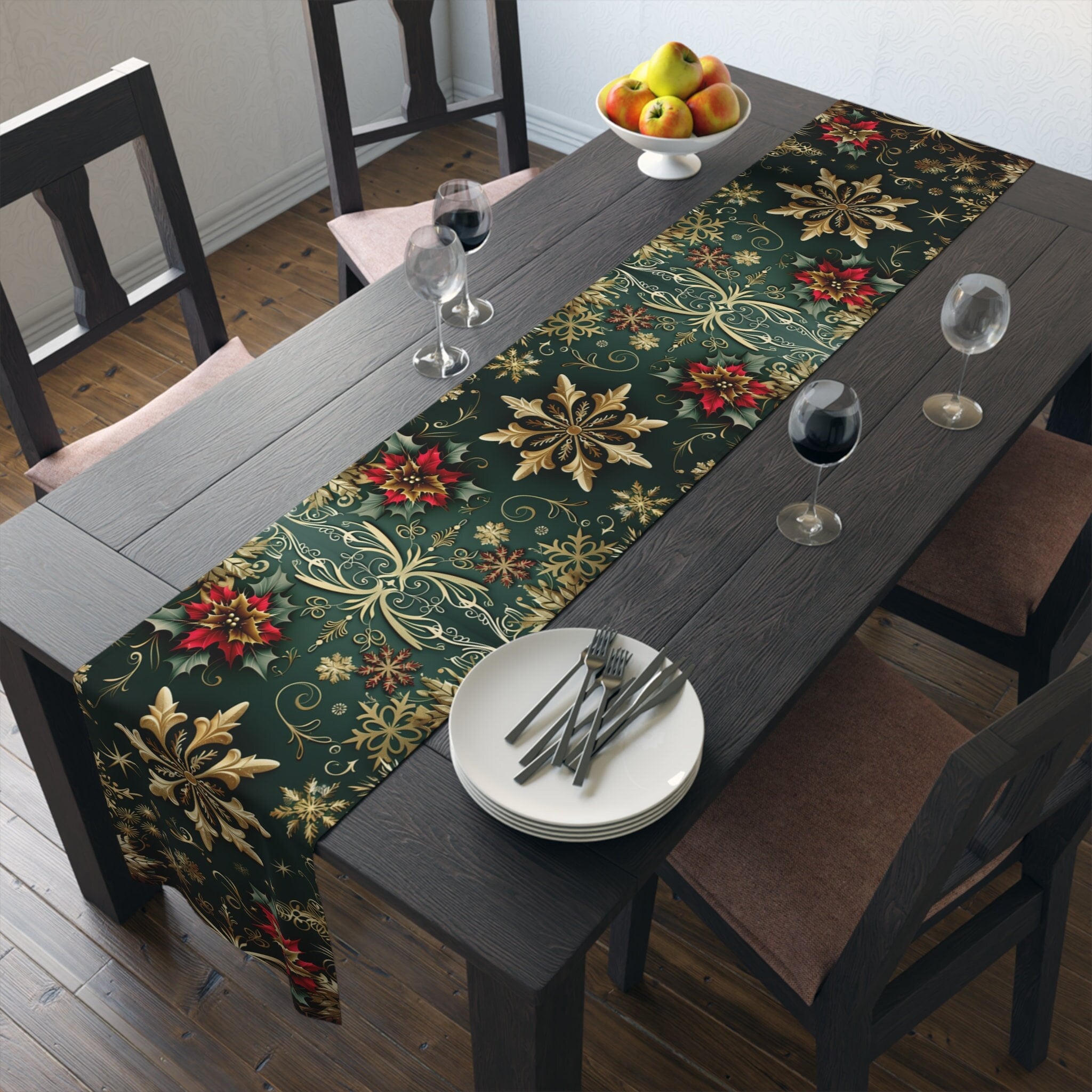 Poinsettia Christmas Table Runner: Emerald, Gold Snowflakes, Holiday Dining