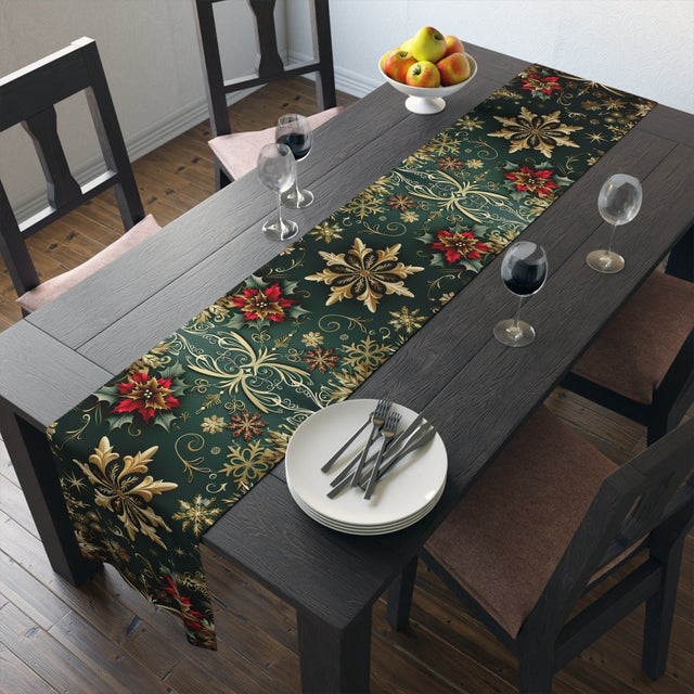 Poinsettia Christmas Table Runner: Emerald, Gold Snowflakes, Holiday Dining