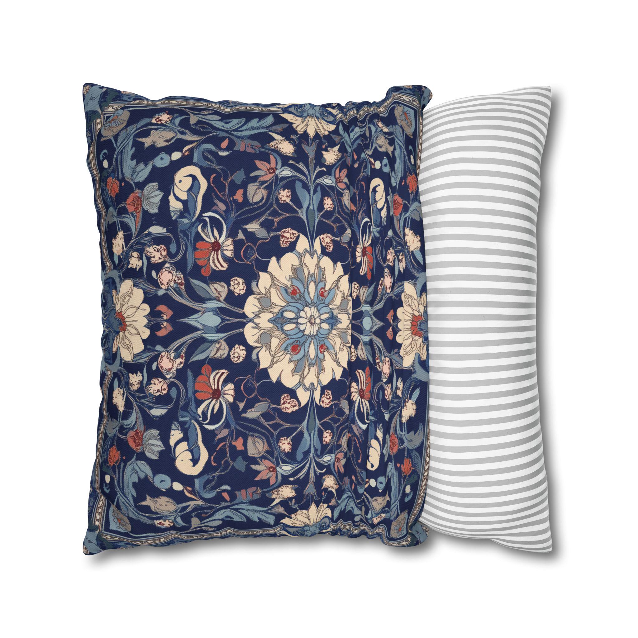 Elegant Navy Blue Floral Medallion Pillowcase: William Morris Inspired Persian Tribal Motifs Decorative Cover
