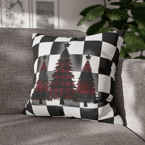 Buffalo Check Christmas Pillow Cover - Red, Black, White Plaid Trees