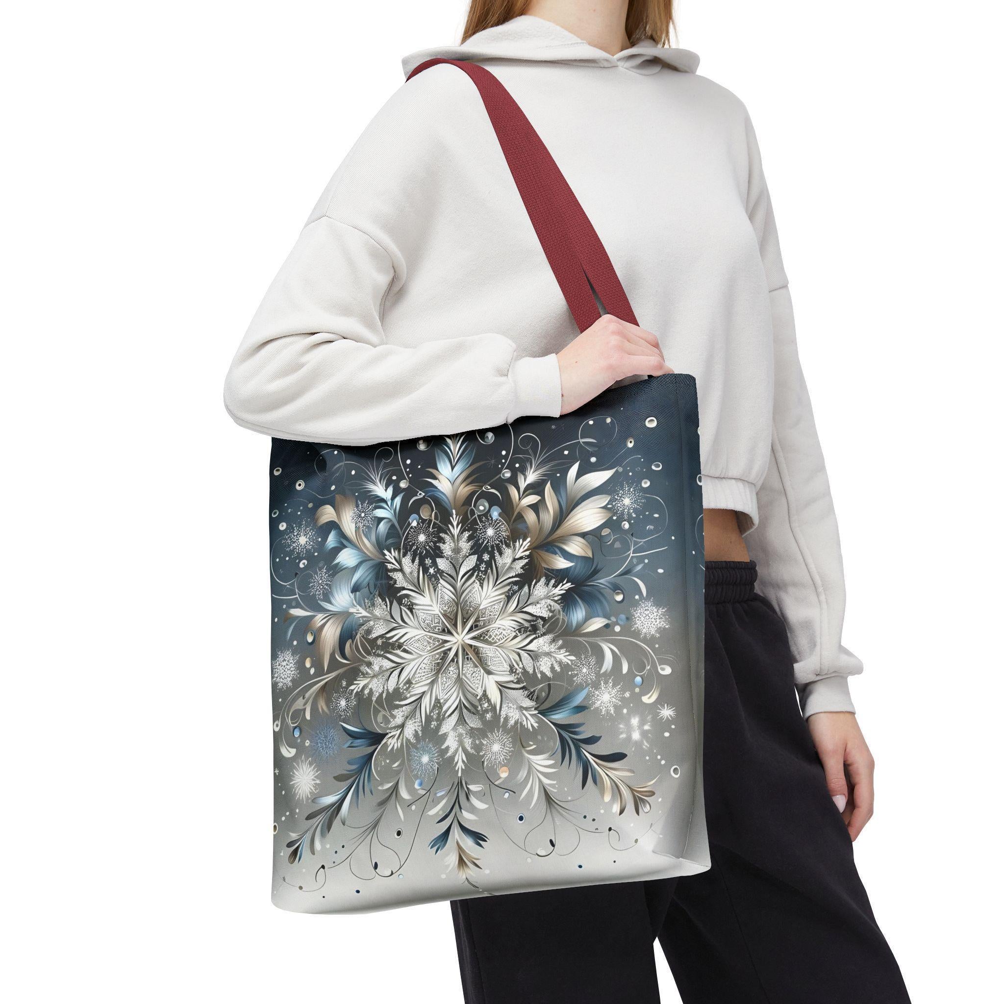 Elegant Snowflake Tote Bag, Silver & Blue Polyester Canvas