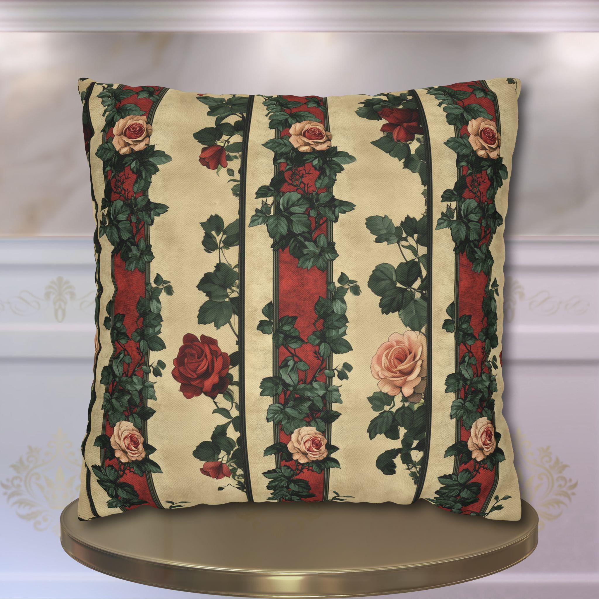 Roses & Stripes Throw Pillow Cover: Vintage Style Romantic Cottagecore Floral