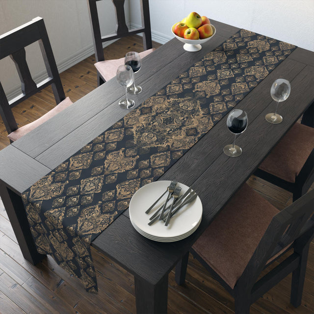 Elegant Baroque Table Runner: Black & Gold Damask for Vintage-Style Dining Room Decor
