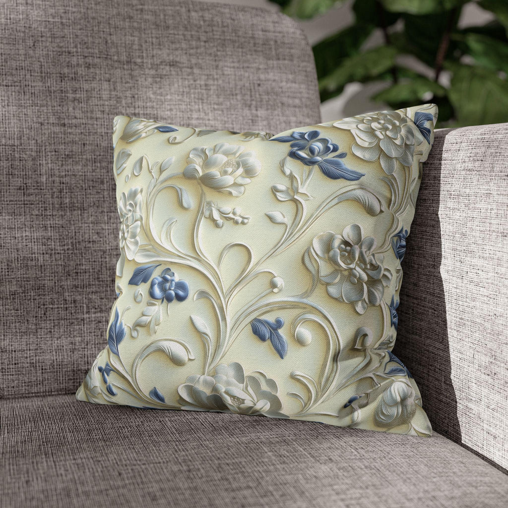 Elegant Chinoiserie Floral Pillowcase: Ivory & Blue Porcelain-Inspired Square Cover for Home Decor