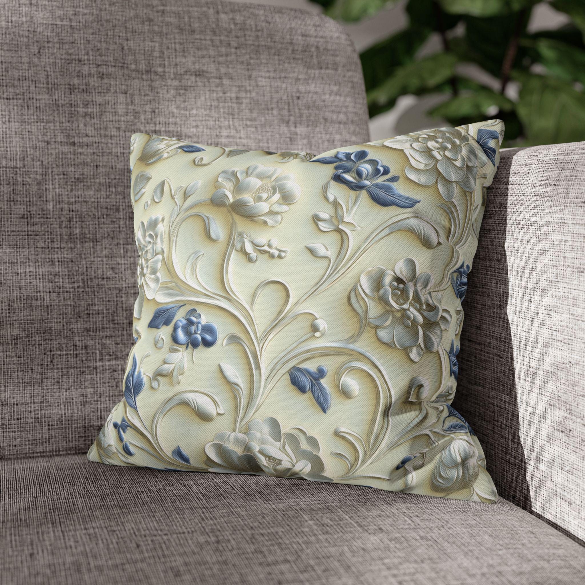 Elegant Chinoiserie Floral Pillowcase: Ivory & Blue Porcelain-Inspired Square Cover for Home Decor