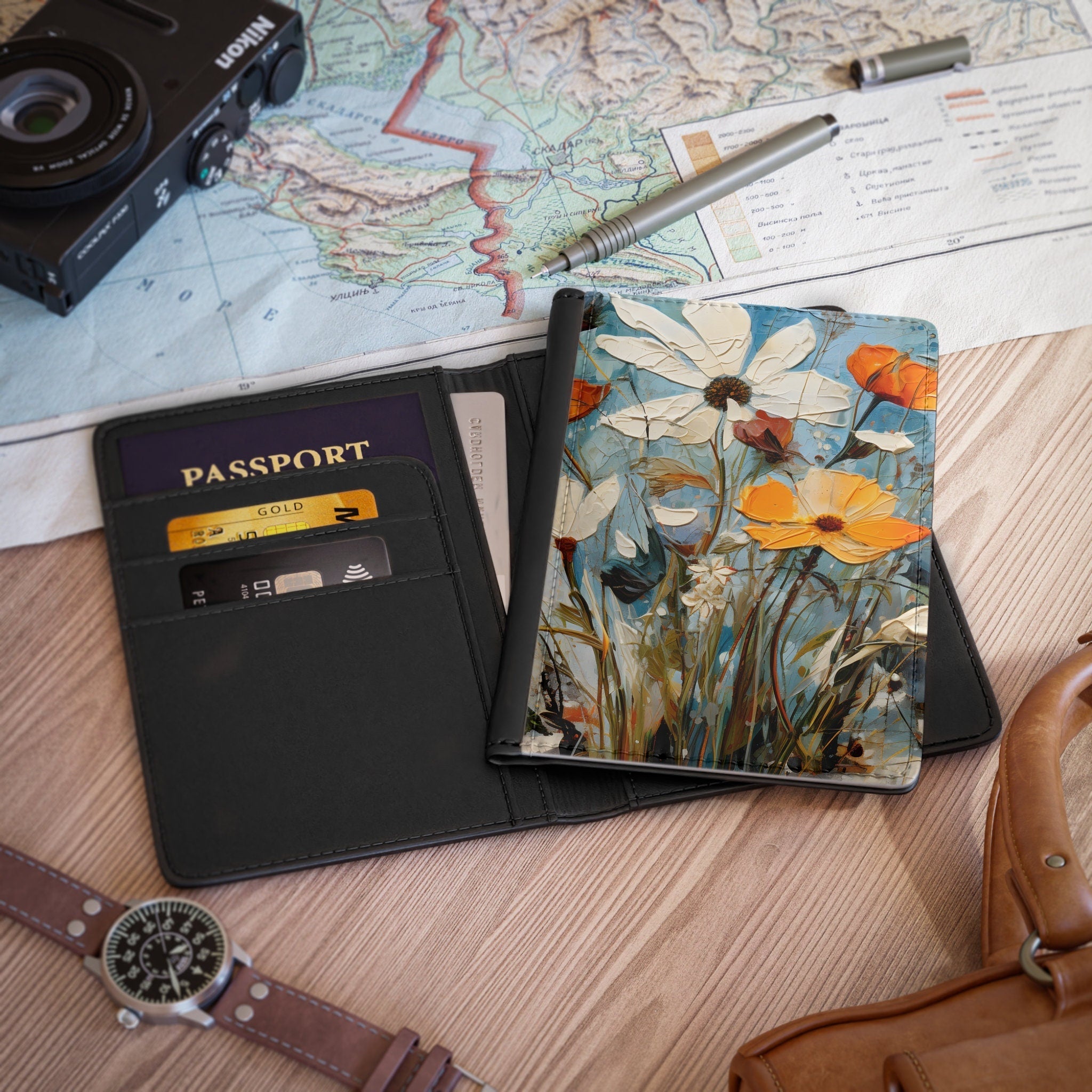 Vintage-Style Floral Passport Wallet: Colorful Wildflower Pattern on Blue Faux Leather Travel Accessory