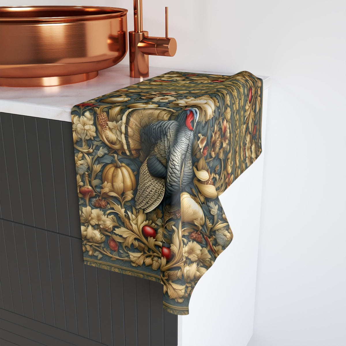 William Morris Autumn Hand Towel: Botanical Thanksgiving Turkey Decor, Grey-Blue and Gold