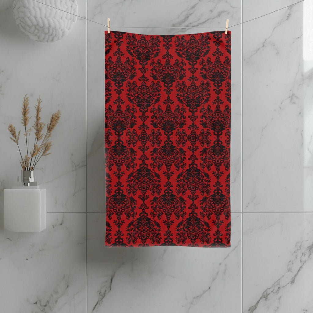 Damask Hand Towel: Black & Crimson Dark Baroque Vampire Gothic Decor