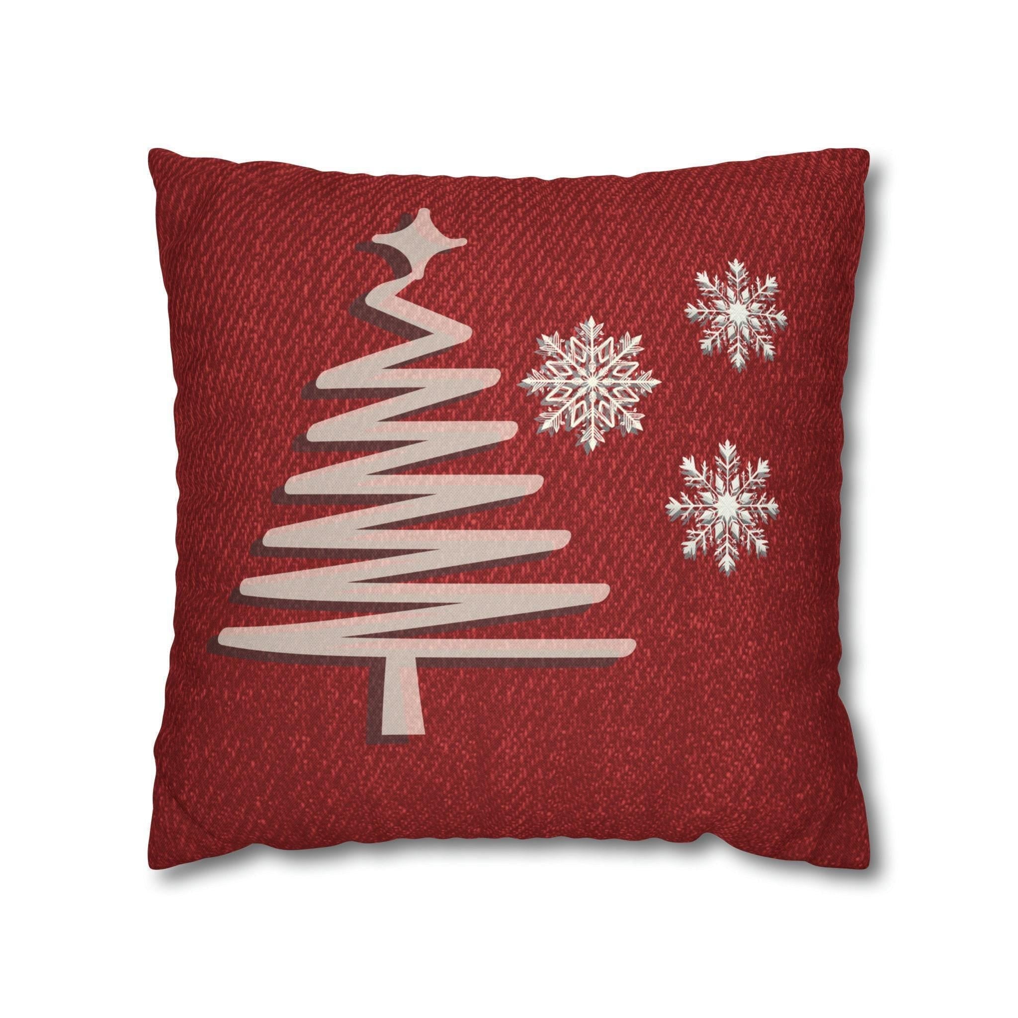 Rustic Elegance Pillow Cover: Beige Christmas Tree & Snowflakes on Red Textured Look Background