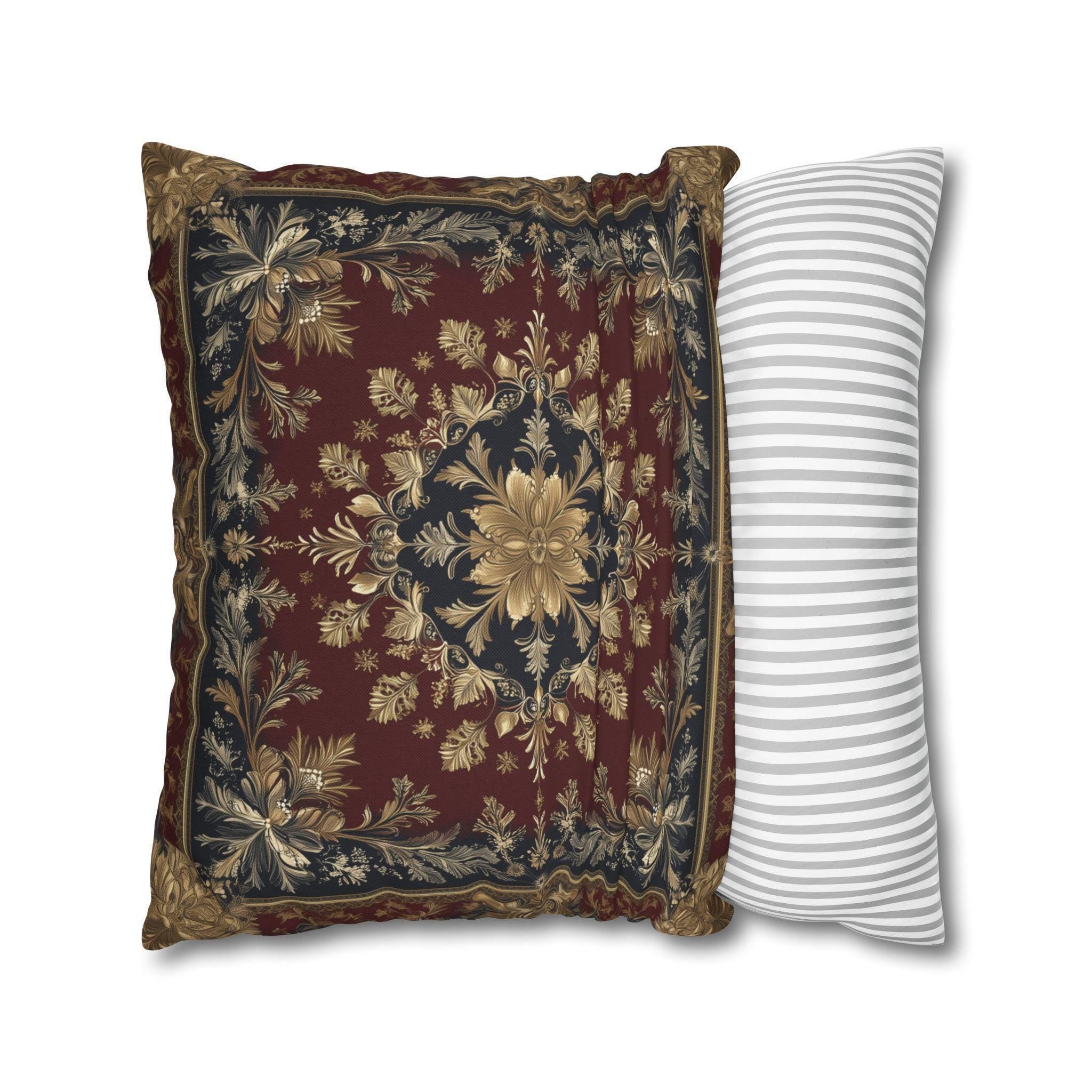 Vintage Inspired Pillow Cover: Gold Floral Burgundy Cushion