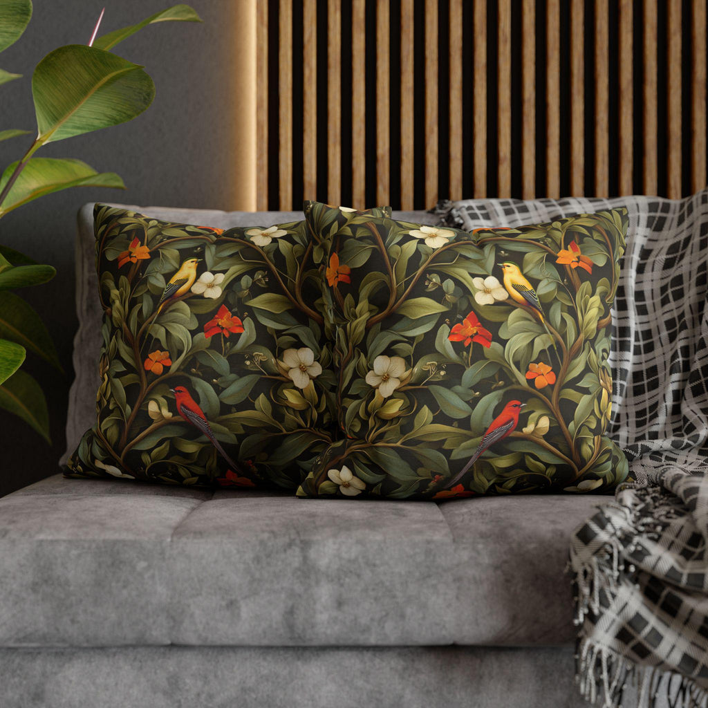 William Morris Inspired Autumn Songbird Pillow Cover: Olive and Pumpkin Arts & Crafts Heritage Design