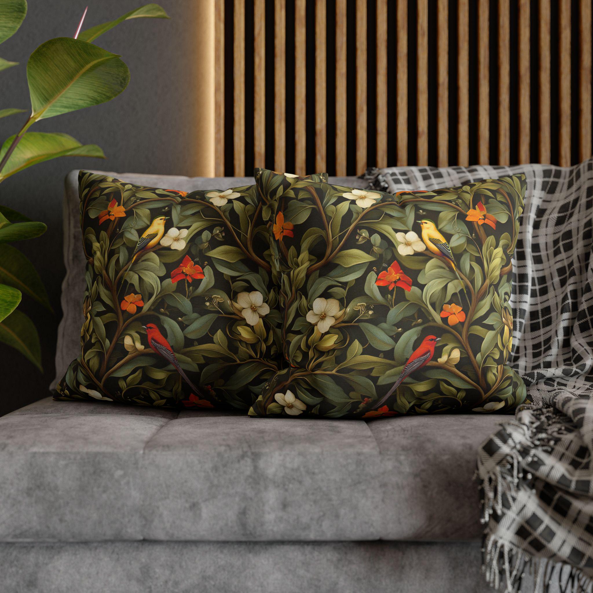 William Morris Inspired Autumn Songbird Pillow Cover: Olive and Pumpkin Arts & Crafts Heritage Design