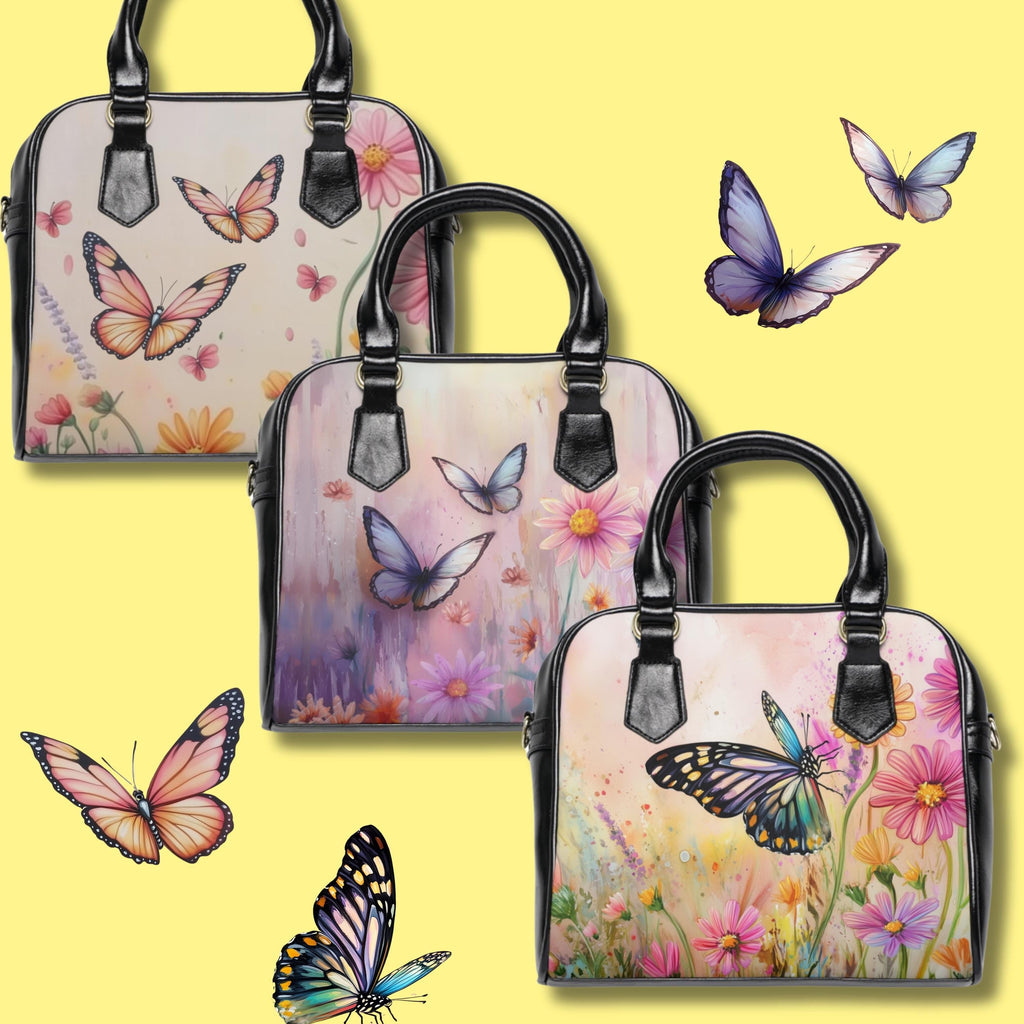 Butterfly Floral Vegan Leather Handbag: Spring Shoulder Satchel with Strap for Women