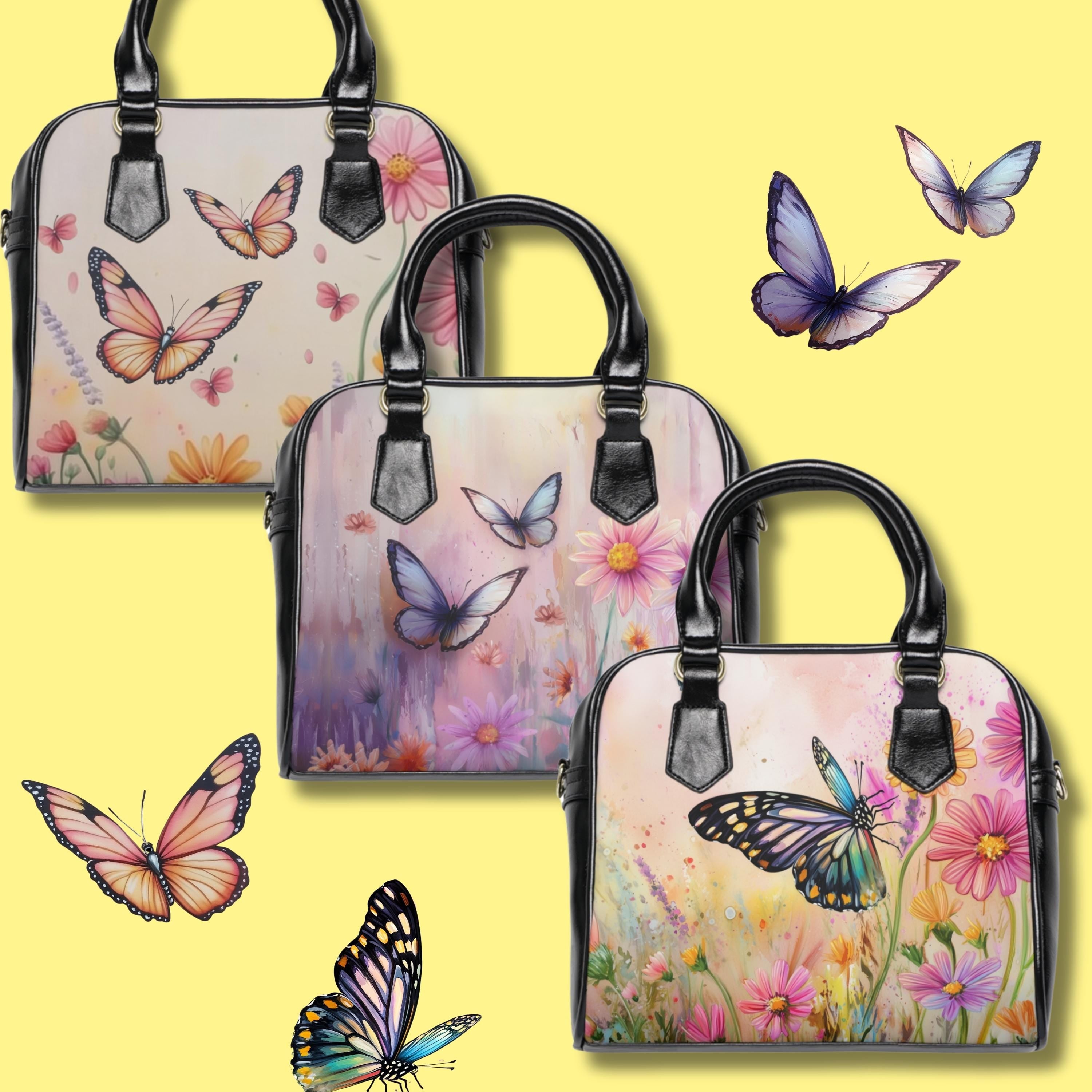 Butterfly Floral Vegan Leather Handbag: Spring Shoulder Satchel with Strap for Women