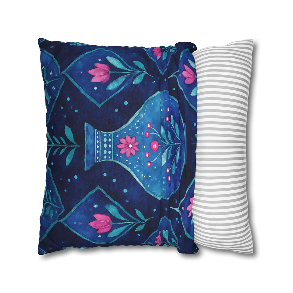 Folk Art Pillow Cover: Blue Vase, Pink Floral Watercolor Design