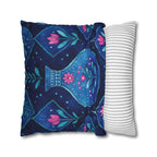 Folk Art Pillow Cover: Blue Vase, Pink Floral Watercolor Design