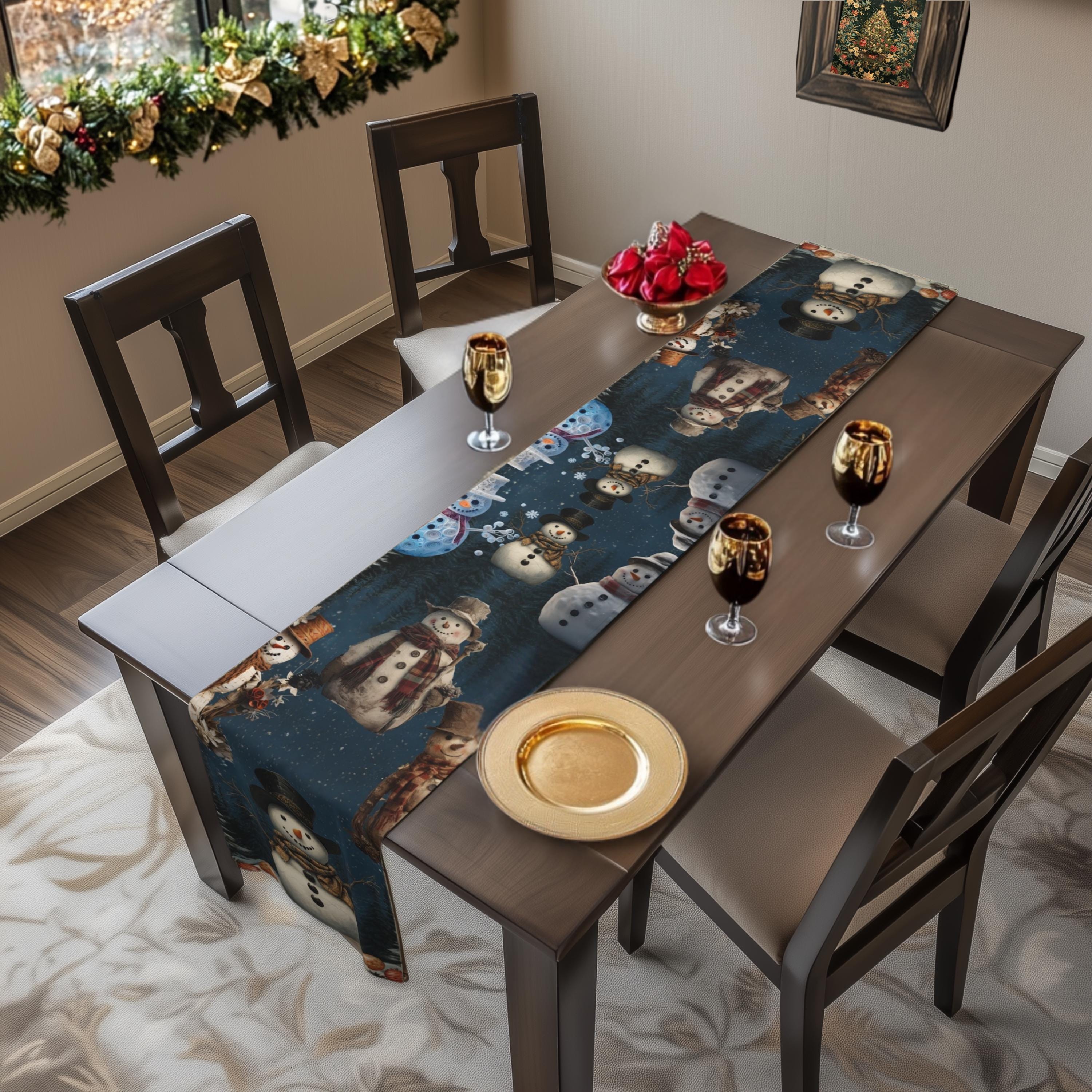 William Morris Inspired Snowman Table Runner: Vintage Style Charming Christmas Decor in Navy Blue