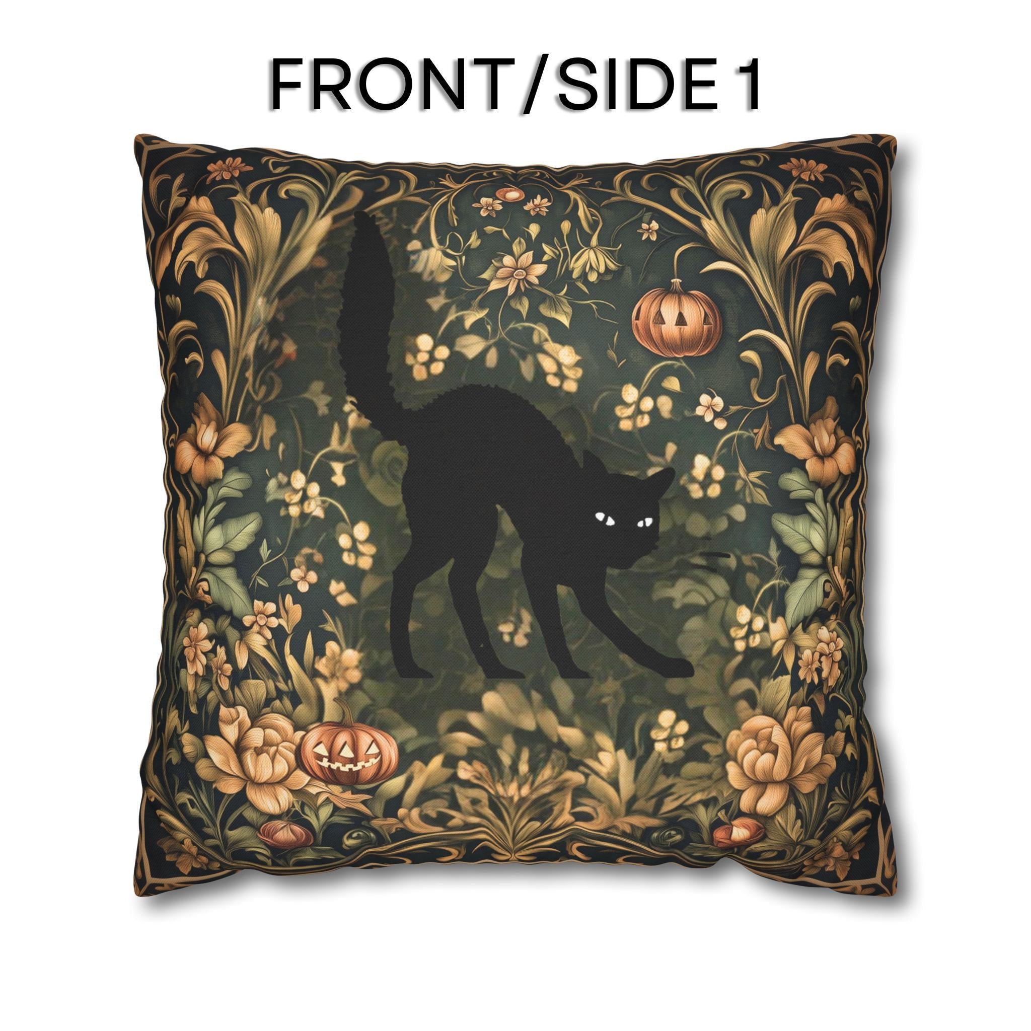 William Morris Inspired Fall Pillow Cover: Black Cat Halloween Botanical Decor