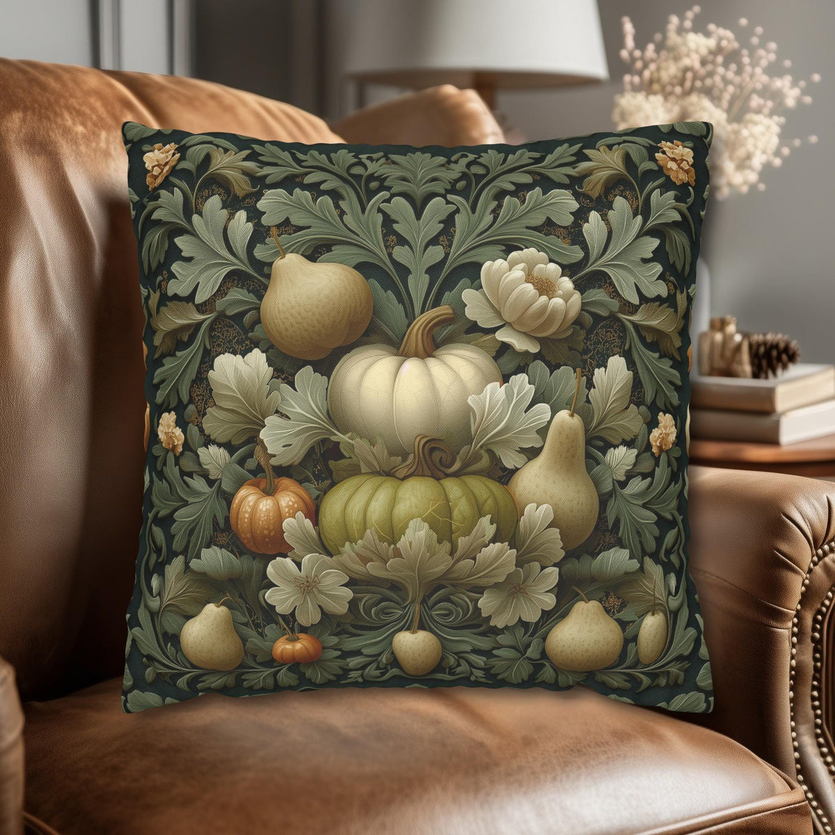 William Morris Inspired Pillow Cover: Vintage Style Autumn Tapestry in Sage and Cream