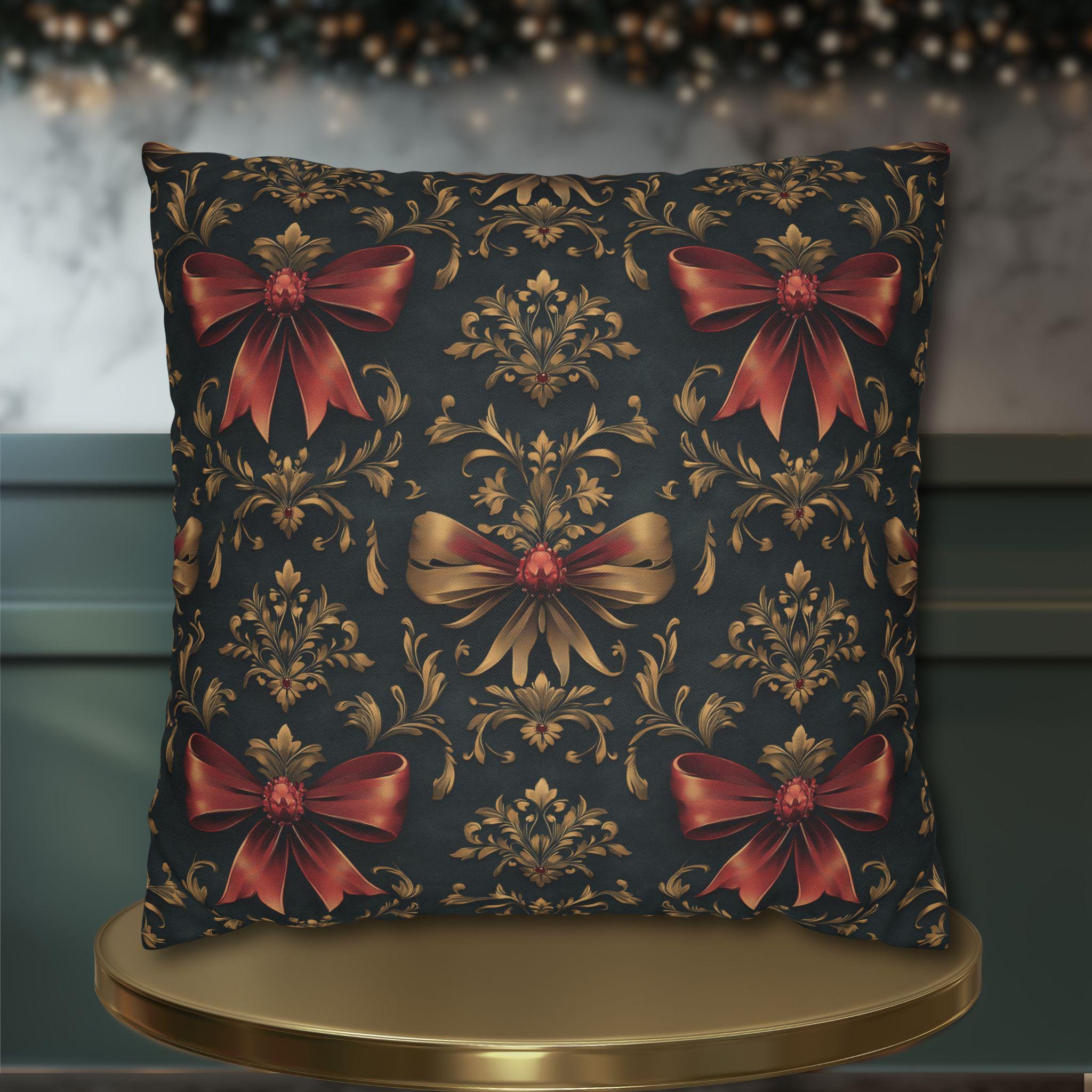 Baroque Christmas Pillow Cover: Green Charcoal Red Gold Bows