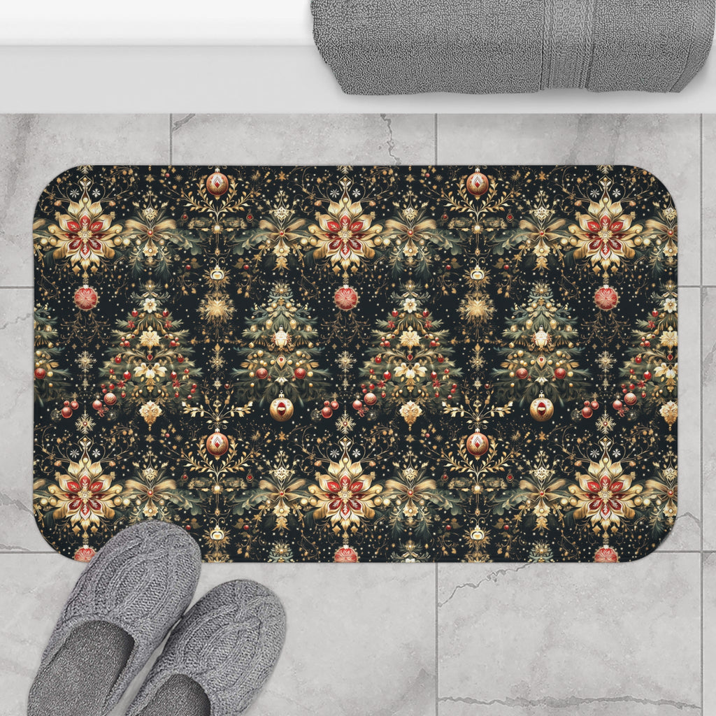 Christmas Tree Bath Mat: Luxe Gold Red & Green on Deep Charcoal Holiday Bath Decor