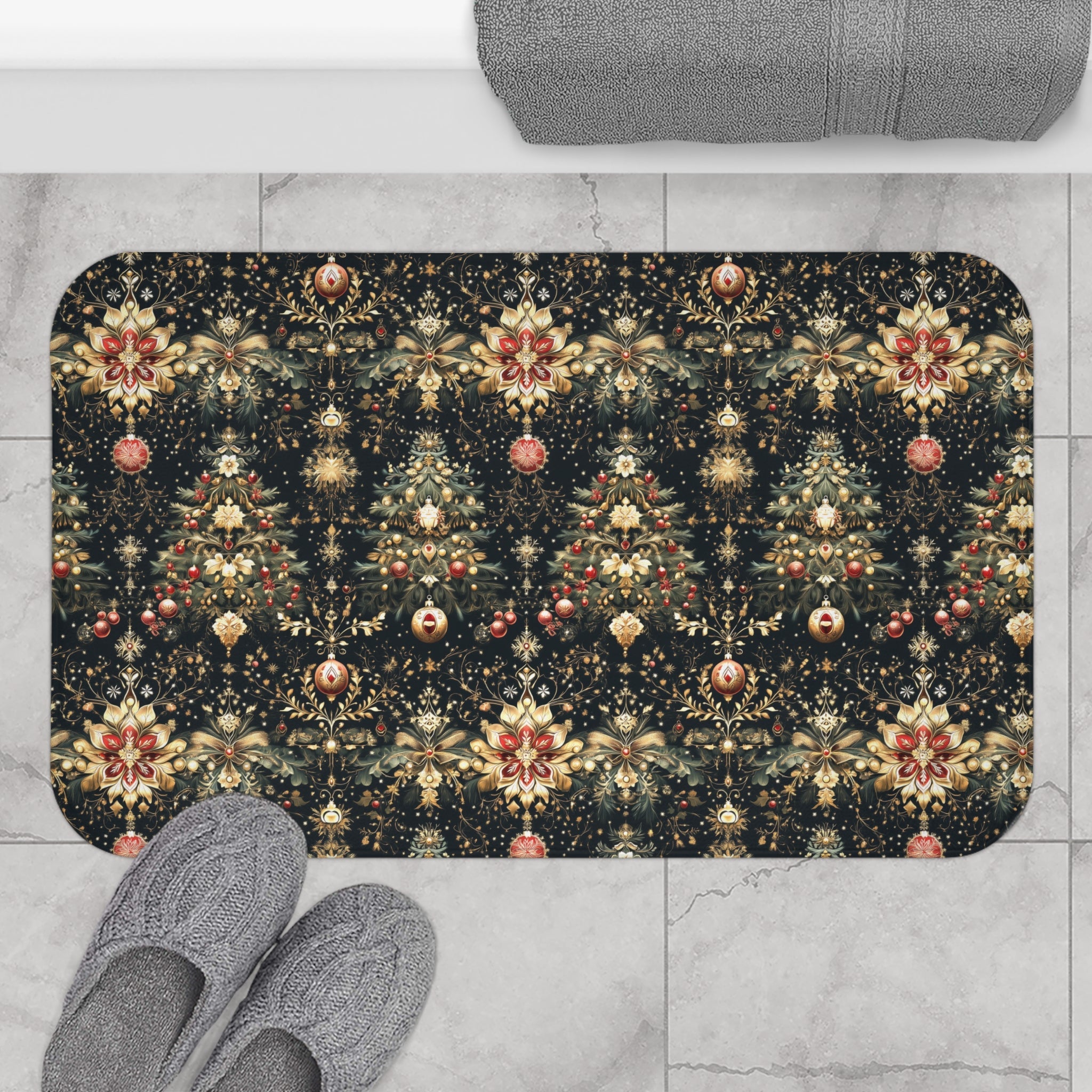 Christmas Tree Bath Mat: Luxe Gold Red & Green on Deep Charcoal Holiday Bath Decor