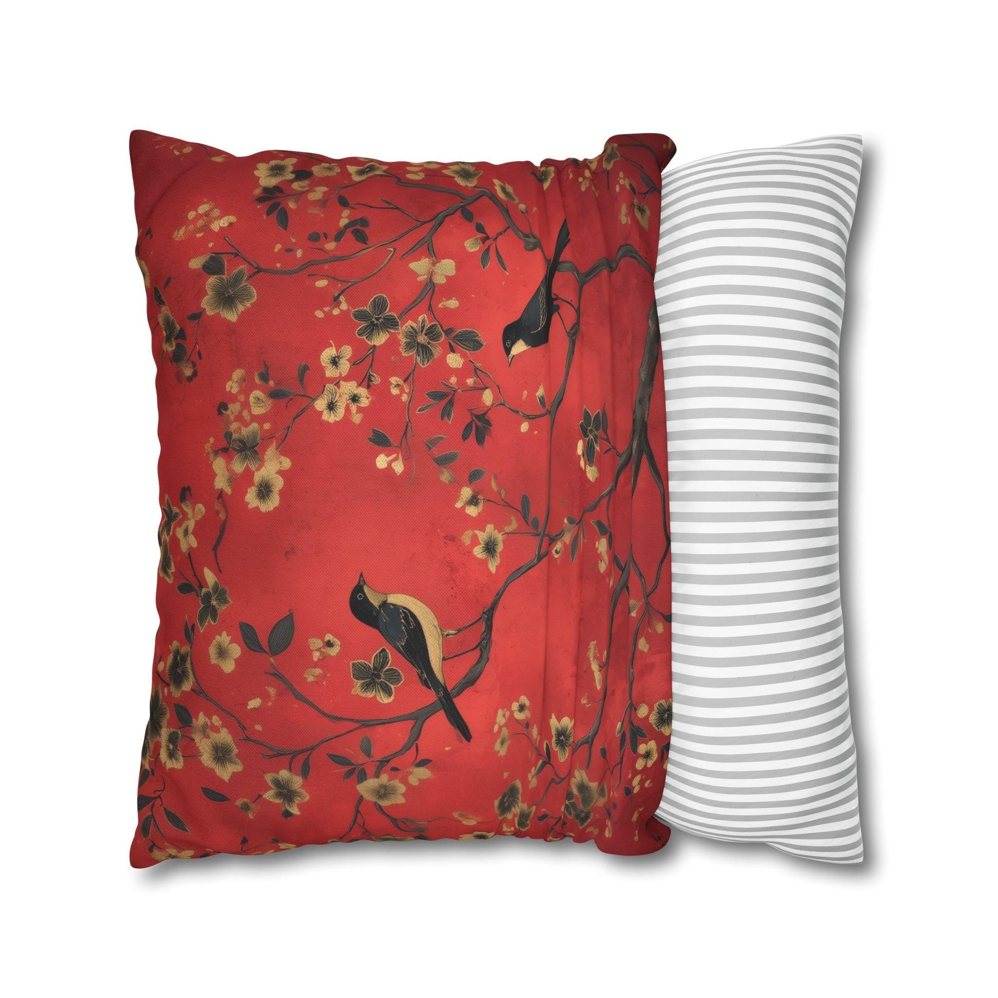 Chinoiserie Bird Pillow Cover: Crimson Floral Accent Cushion