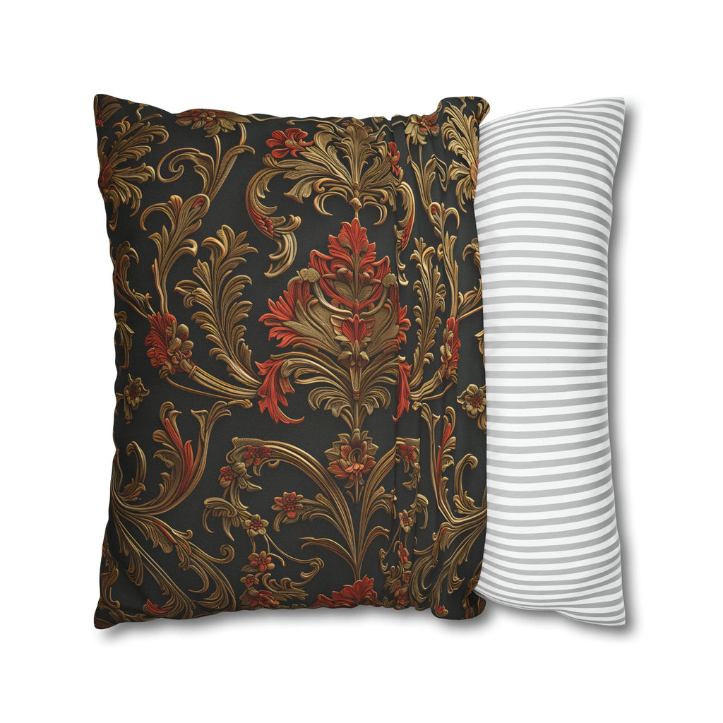 Classic Baroque Pattern Pillow Cover | Dark Background with Red & Gold | Traditional Elegance