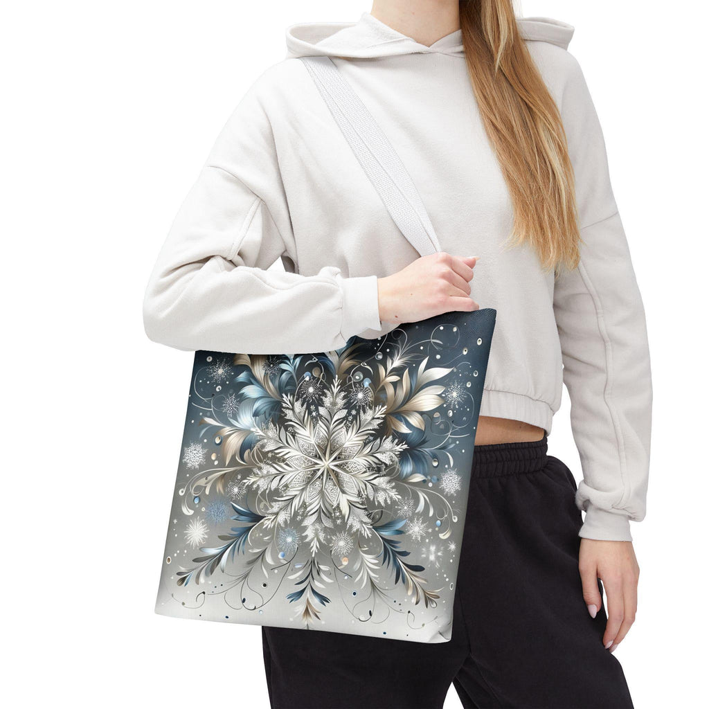 Elegant Snowflake Tote Bag, Silver & Blue Polyester Canvas