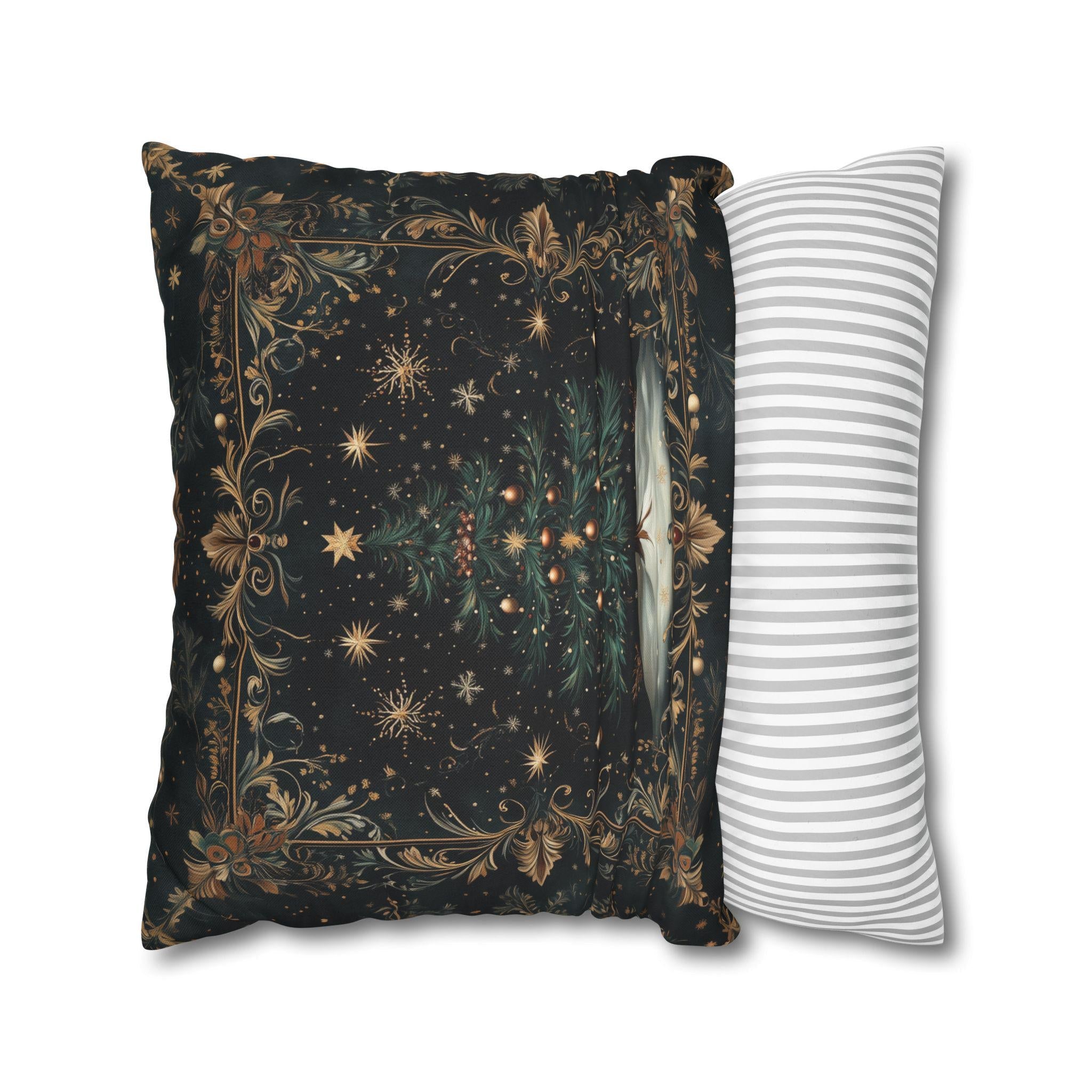 Victorian Christmas Tree Pillow Cover: Gold Filigree & Midnight Black Holiday Decor