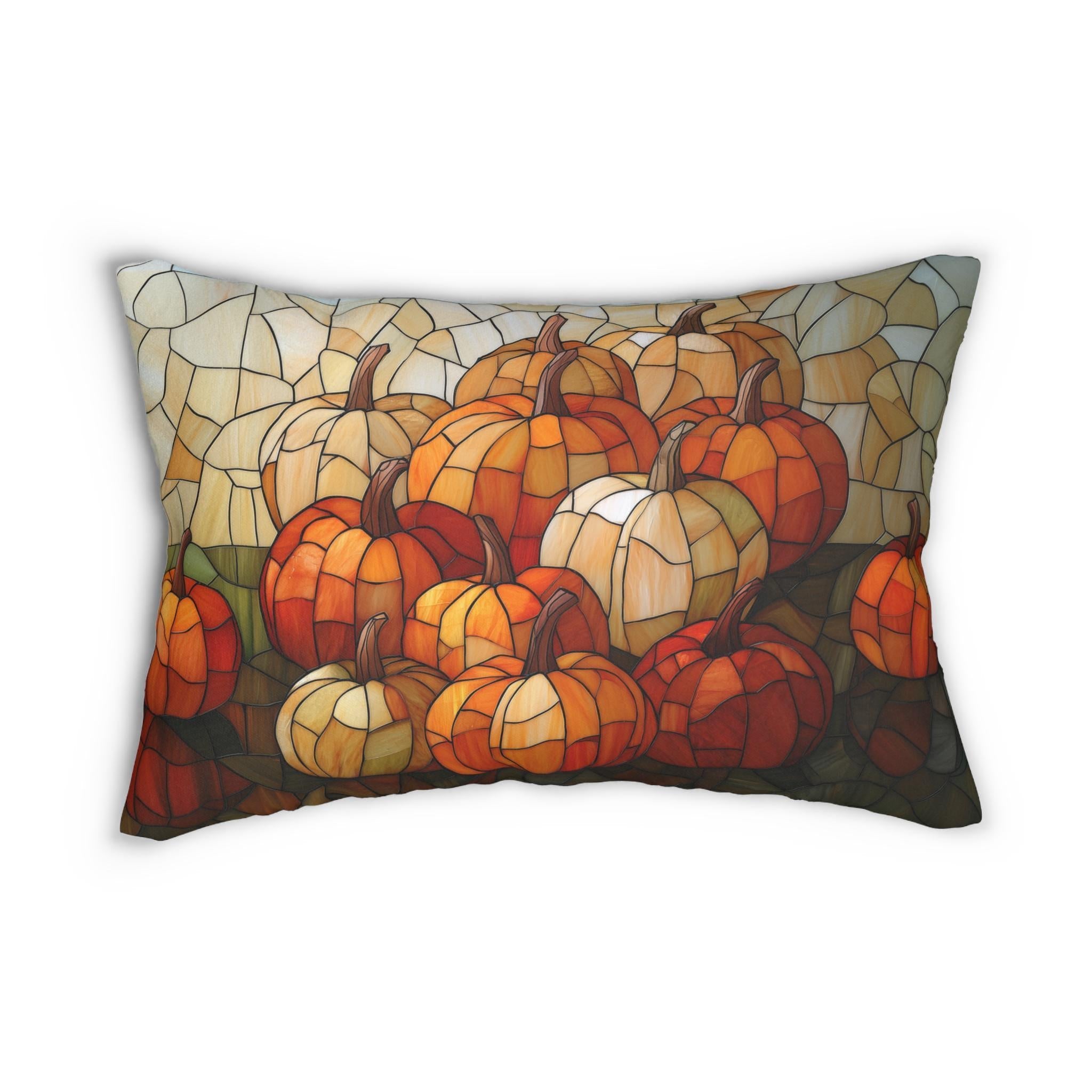 Pumpkin Mosaic Lumbar Pillow, Fall Decor, Stained Glass Effect