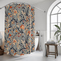 Vintage-Inspired Floral Shower Curtain: Warm Autumn Botanicals on Dusty Blue Background
