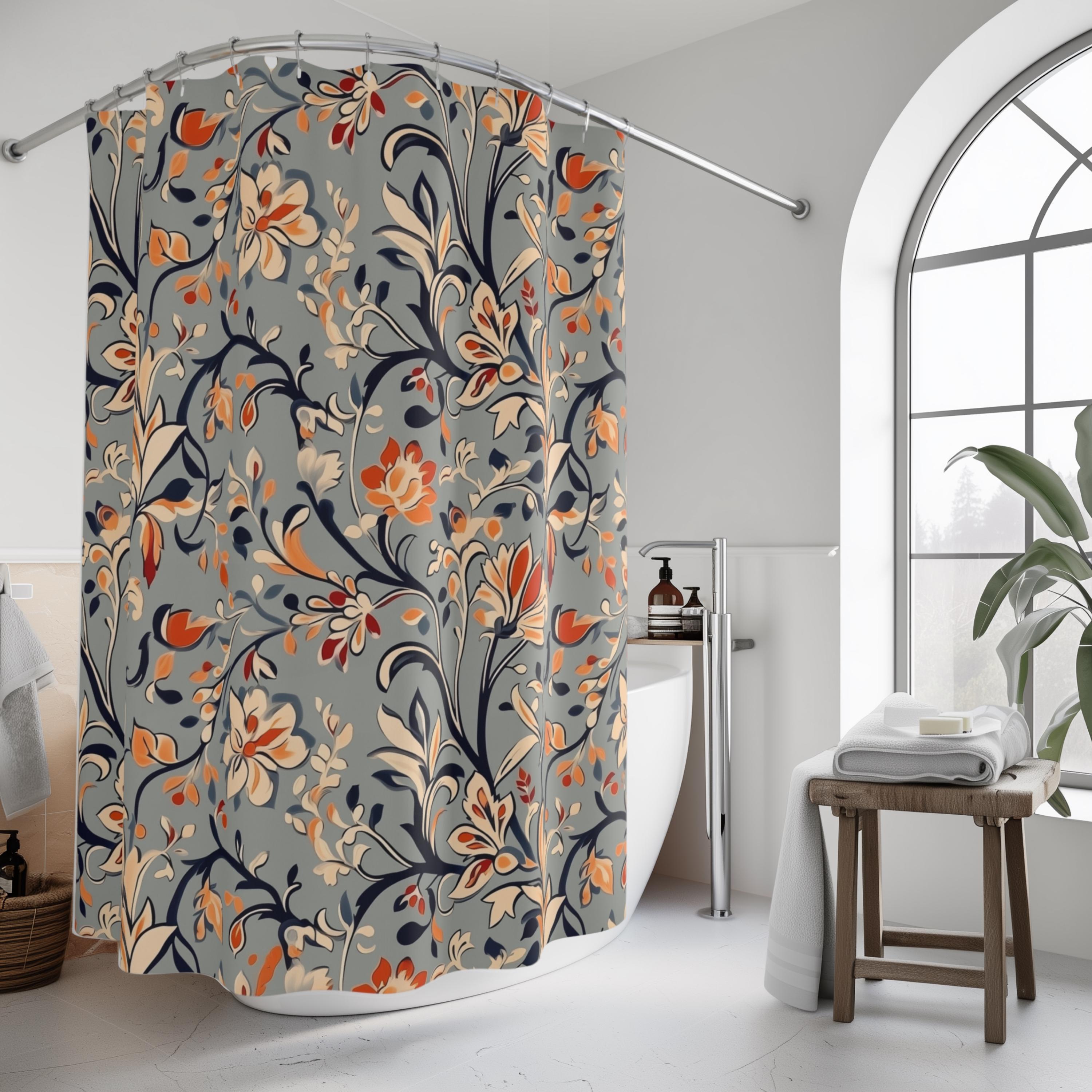 Vintage-Inspired Floral Shower Curtain: Warm Autumn Botanicals on Dusty Blue Background