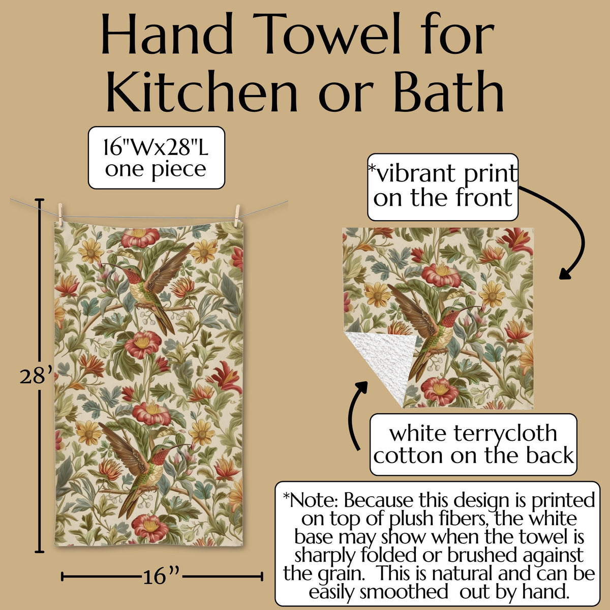 William Morris Hummingbird Hand Towel: Vintage Style Botanical Bird Floral Accent