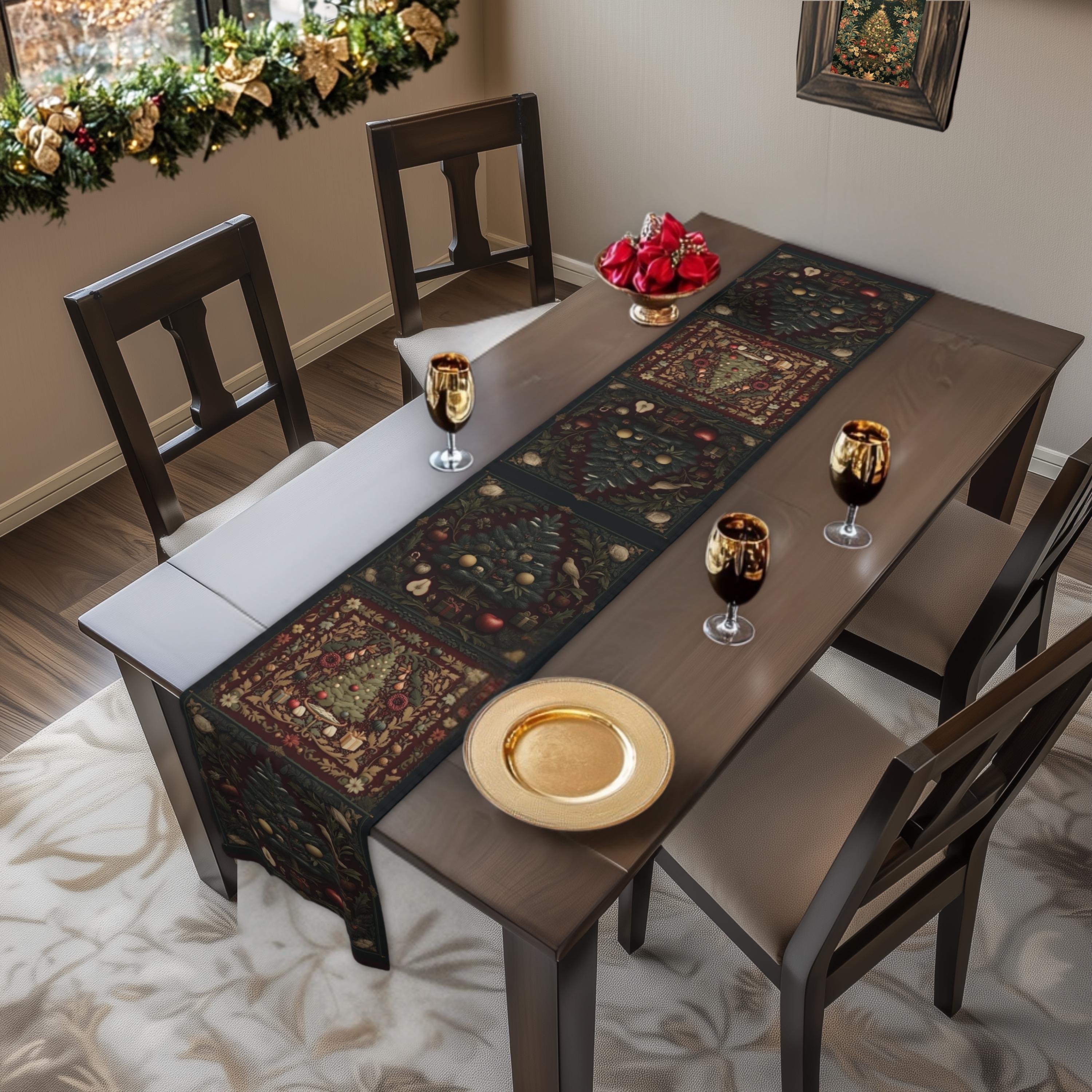 William Morris Inspired Christmas Table Runner: Vintage Style Burgundy & Forest Green Table Decor