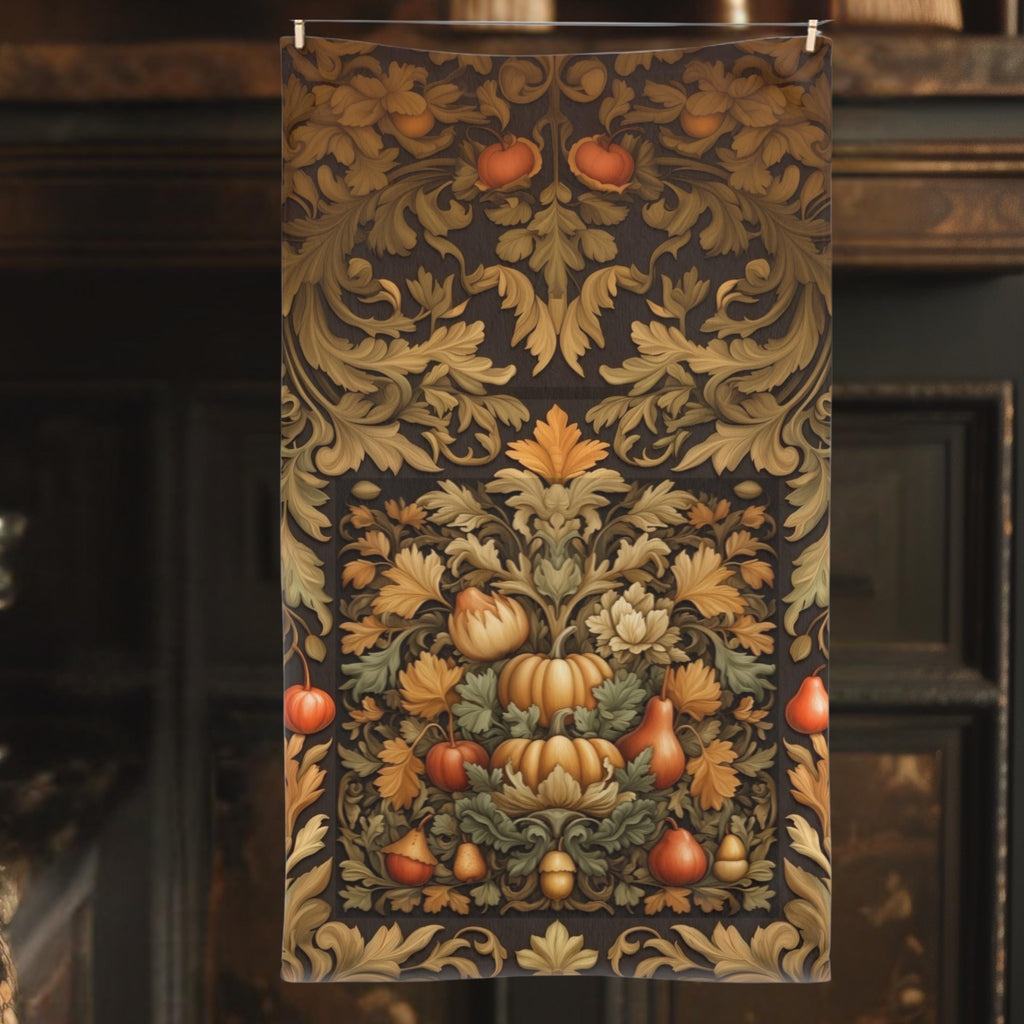 William Morris Inspired Autumn Harvest Tea Towel: Charcoal Amber Olive