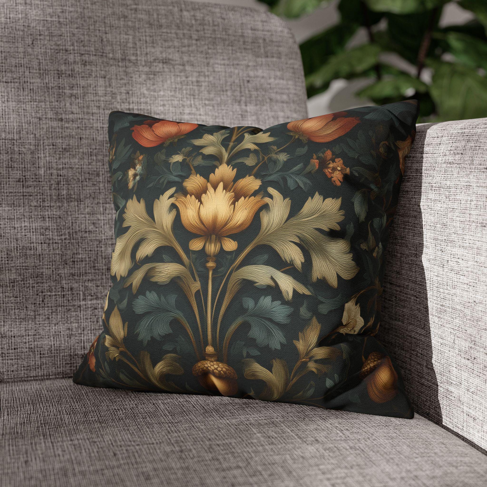 William Morris Inspired Fall Pillow Cover: Dark Teal Gold Rust Floral