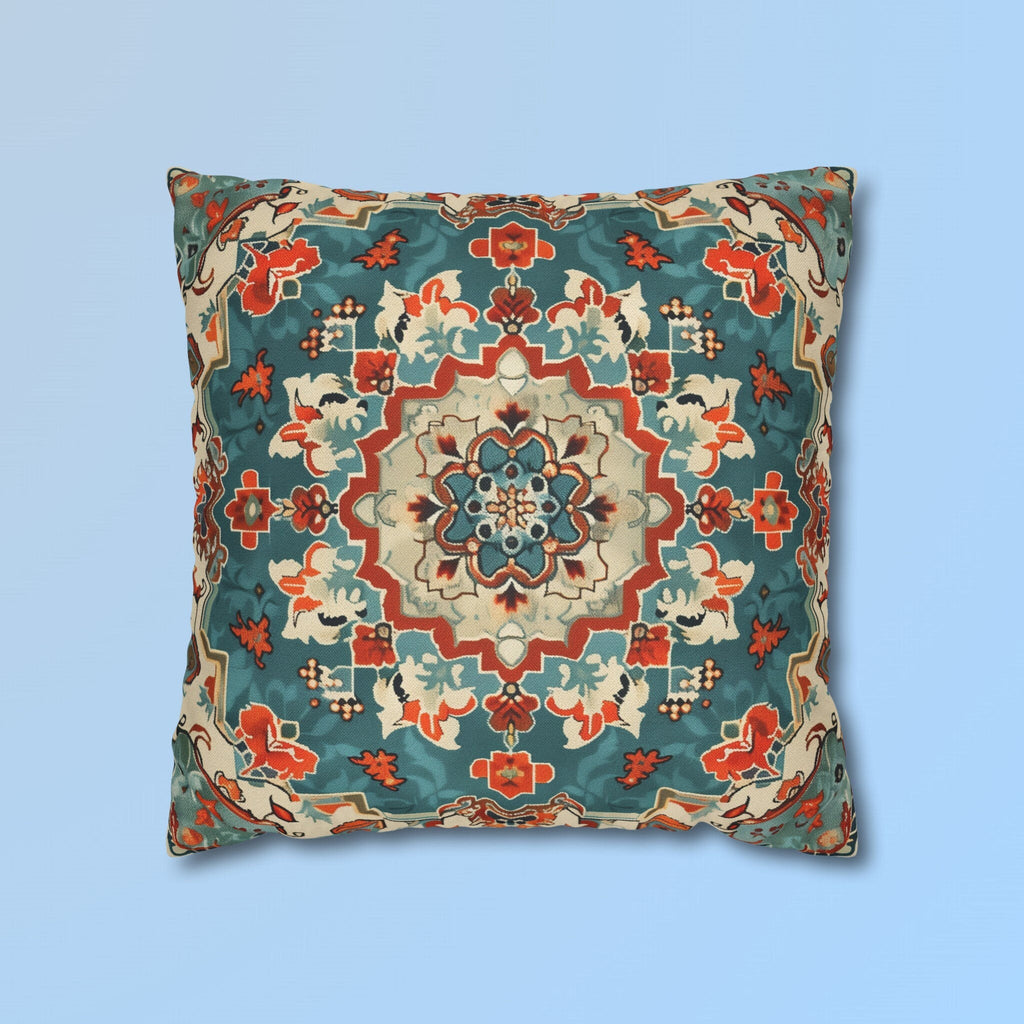 Traditional Turkish Kilim-Inspired Pillow Cover: Vibrant Teal Medallion Design Square Cushion