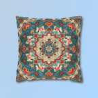 Traditional Turkish Kilim-Inspired Pillow Cover: Vibrant Teal Medallion Design Square Cushion