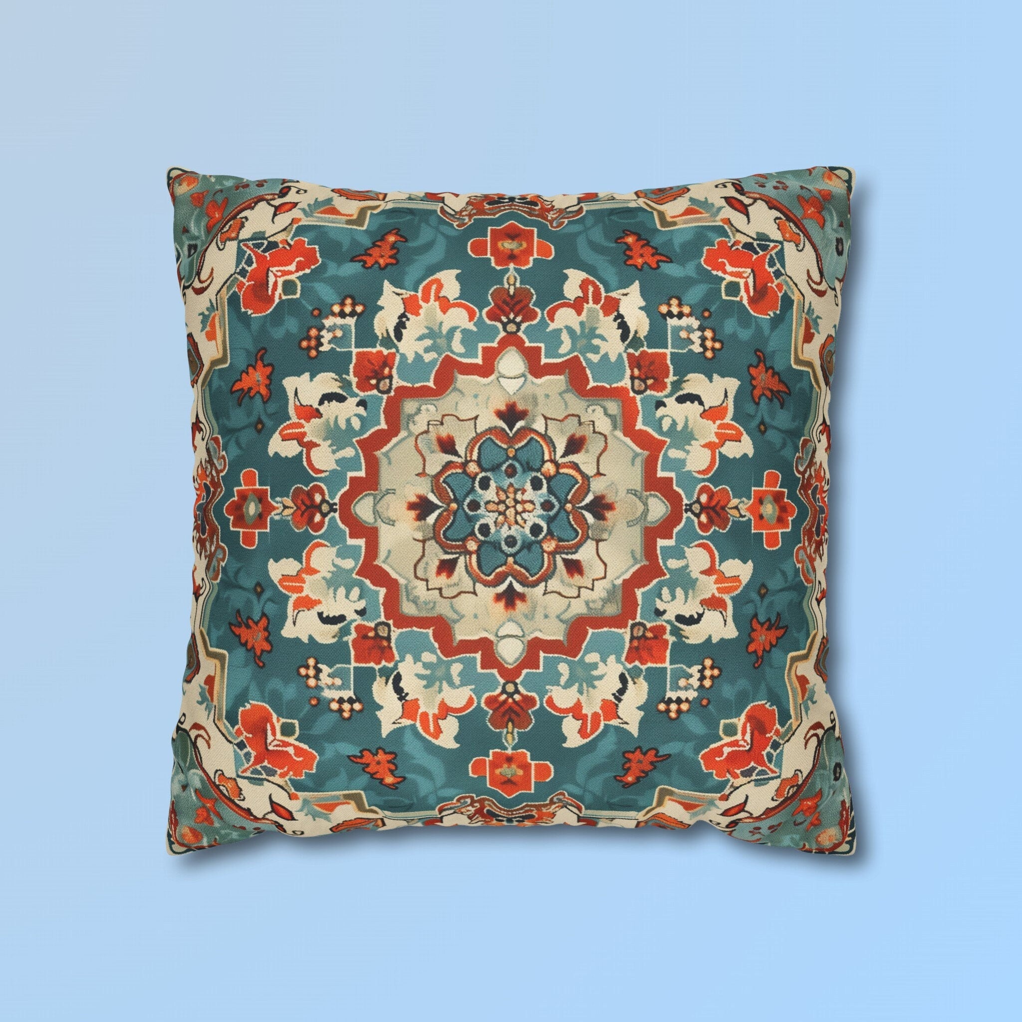 Traditional Turkish Kilim-Inspired Pillow Cover: Vibrant Teal Medallion Design Square Cushion