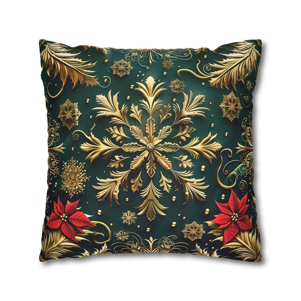 Holiday Snowflake Square  Pillowcase, Elegant Christmas Decor, Luxury Green & Gold Pillow Sham