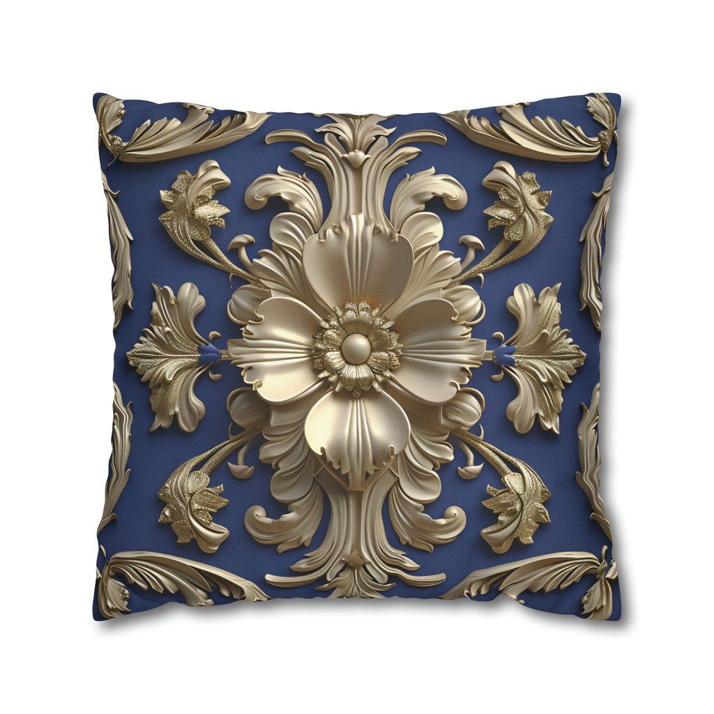Luxurious Baroque Floral Pillow Cover: Deep Blue with Pale Gold Symmetrical Design