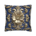 Luxurious Baroque Floral Pillow Cover: Deep Blue with Pale Gold Symmetrical Design