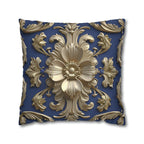 Luxurious Baroque Floral Pillow Cover: Deep Blue with Pale Gold Symmetrical Design