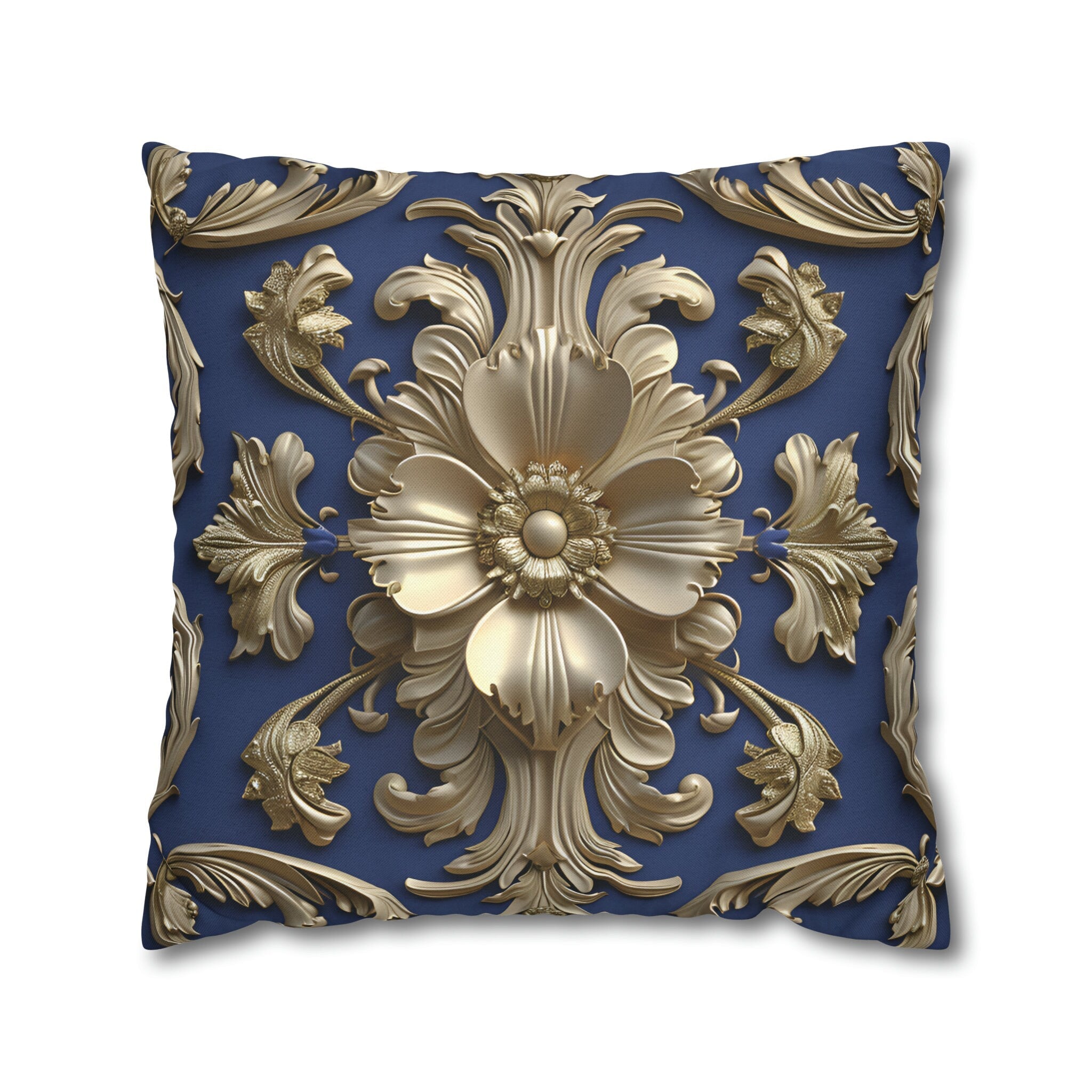 Luxurious Baroque Floral Pillow Cover: Deep Blue with Pale Gold Symmetrical Design