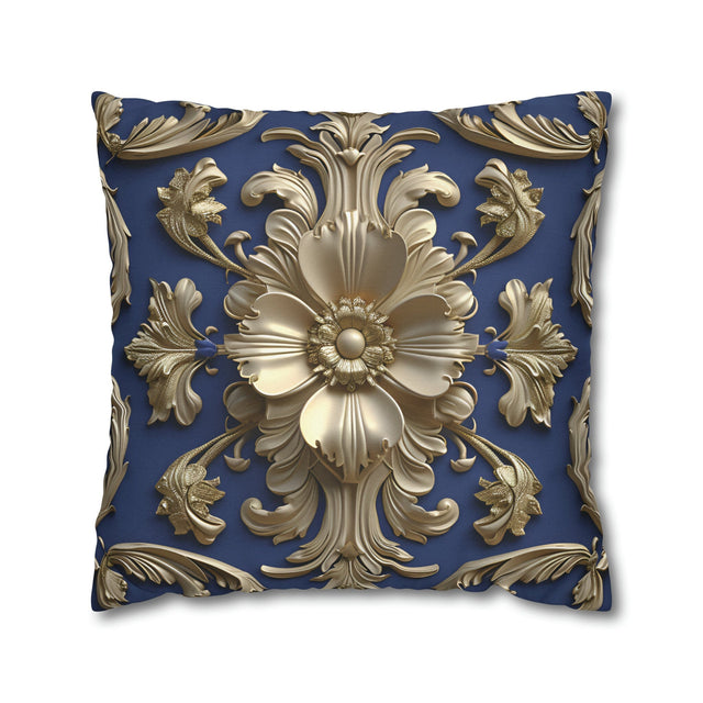 Luxurious Baroque Floral Pillow Cover: Deep Blue with Pale Gold Symmetrical Design